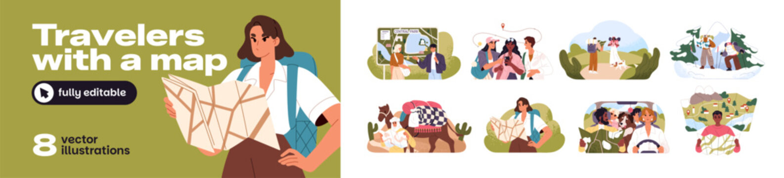 Tourists navigate with map set. People travel and search for way with GPS. Hikers look for route in journey. Men and women are hiking, climbing, riding. Flat isolated vector illustrations on white