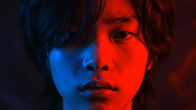 Dramatic portrait of a young persons face split by red and blue light