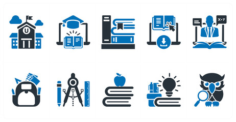 A set of 10 mix icons as university, e learning, books, e books