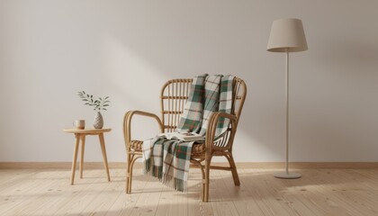 Fototapeta premium Rattan chair with plaid blanket and book in wide bright room with floor lamp and minimal decor
