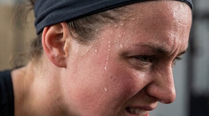 Obraz premium A close-up shot of a determined athlete, captured mid-workout, with sweat glistening on her face. Her focused expression embodies the spirit of effort and dedication.