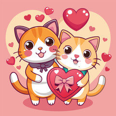 Fototapeta premium Cute cats valentine day love illustration