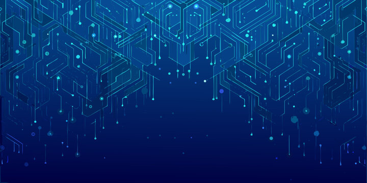 Abstract blue geometric background with circuit board and digital connections