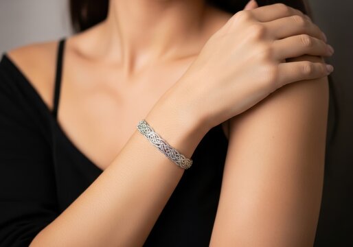 A woman wearing a diamond bracelet on her wrist with a black top