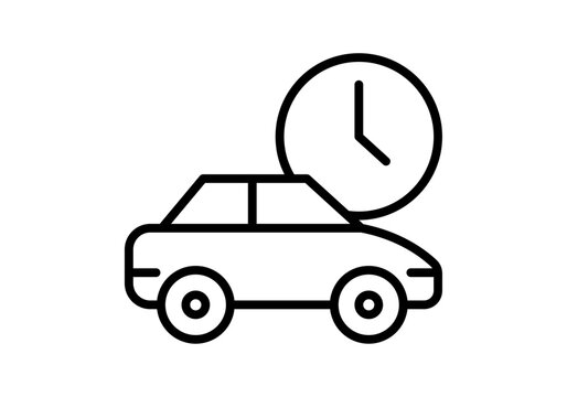 Icono lineal de un coche sed&aacute;n aparcado junto a un reloj circular 