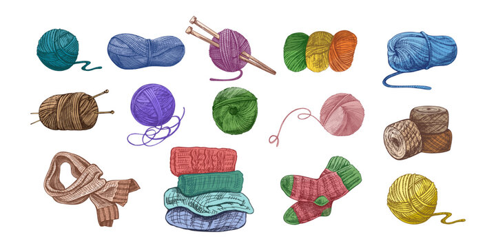 Hand drawn vintage sketch of colorful yarn balls, knitting tools, scarf, socks and wool spools, isolated vector set