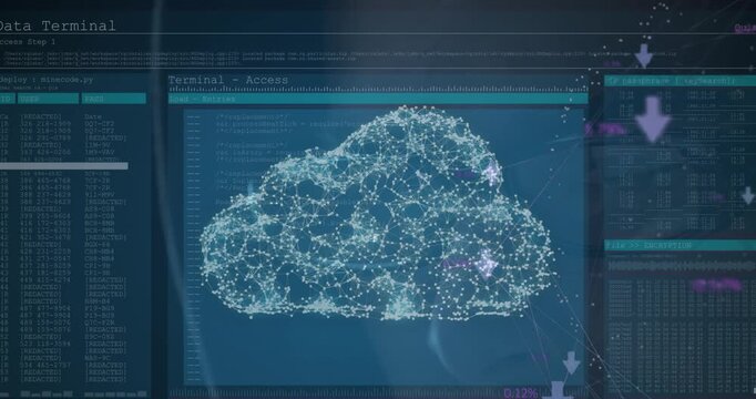 Animation of digital cloud and network with arrows over data processing on digital screen