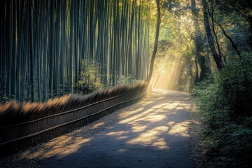 Serene bamboo grove path illuminated by sunlight in a tranquil forest setting