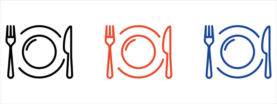 Simple line art dining icons in black, red, and blue.