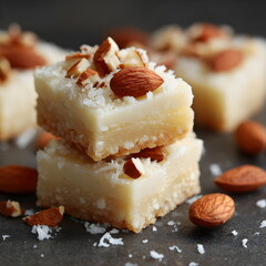 Almond dessert pieces sweet barfi topped with nuts on dark background  