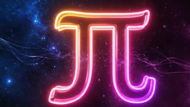 Neon pi symbol glowing in cosmic space background