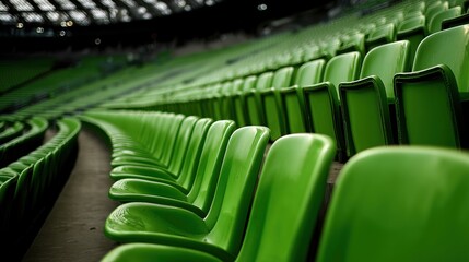 Fototapeta premium Empty green plastic seats in rows at modern sports stadium. Curved tribunes of football arena waiting for spectators without audience background 