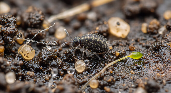 Springtail insect on a moist natural surface representing microfauna diversity and soil ecosystem.