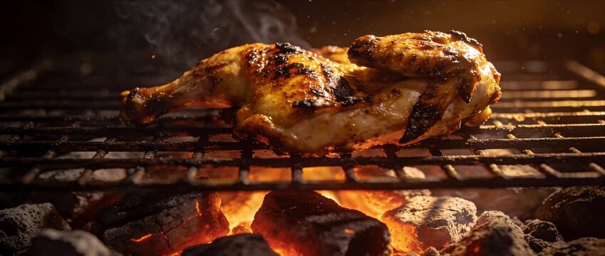 Grilled chicken food barbecue grill close up cinematic cooking over charcoal flame with smoke, golden skin sizzling, rich glaze texture on grate for commercial menu food background scene