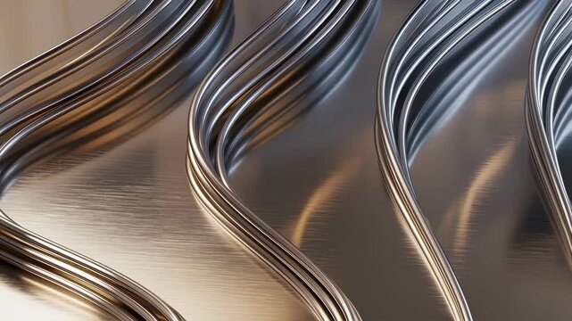 Abstract metallic waves creating a dynamic visual effect. Represents modern design, innovation, and fluidity in art and architecture