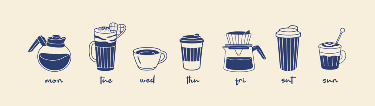 Daily cup of coffee set. Cofee mugs from Monday to Sunday in coffeehouse. Doodle coffeeshop beverages for everyday of the week. Espresso and cappuccino. Flat isolated outline vector illustrations