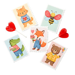 Flat Lay of Cute Animal Greeting Cards with Heart-Shaped Lollipops and Candies