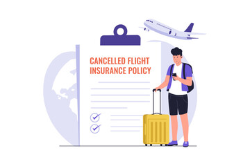 Cancelled Flight Insurance Claim and Traveler Compensation Policy Illustration. Illustration showing a frustrated traveler with a suitcase standing next to a flight cancellation policy document