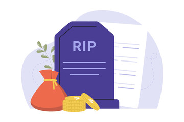 Death Benefit and Inheritance Life Insurance Financial Support Illustration. Illustration showing a tombstone next to a large money bag and gold coins, representing financial legacy for beneficiaries