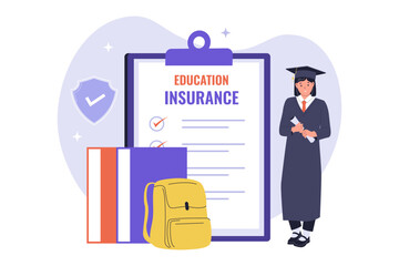 Education Insurance and Future Academic Success Savings Plan Illustration. Illustration of a female graduate in a gown standing next to an education insurance document