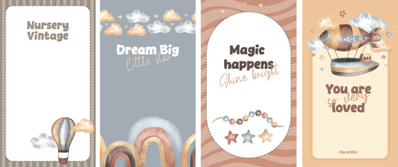 Cute Bohemian nursery posters. Boho vector watercolor print template for wall decor in children's bedroom. Cute airship and air balloon hand drawn quote. Rainbow, stars, clouds. Social media