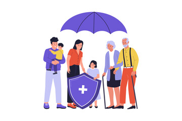 Multi-Generational Family Life Insurance and Health Protection Coverage Illustration. illustration of a family including parents, children, and grandparents protected under a large umbrella
