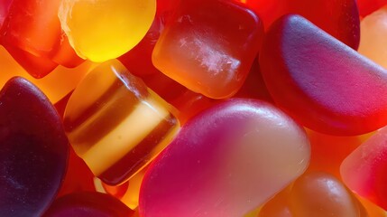 Assorted Fruity Gummy Candies in a Close Up Shot with Vibrant Colors Red Orange Pink Yellow and Striped Detail Creating a Sugary Texture Delightful Confection