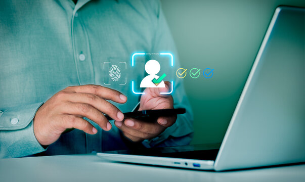 Secure digital identity verification, process using smartphone for online authentication, user access confirmation, fintech security, KYC compliance, safe login system in modern business technology