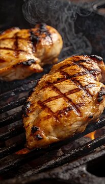 Grilled food barbecue close up cinematic cooking food commercial juicy chicken breast sizzle hot grill over hot flame with smoke rising fire glow char mark detail juicy texture creating appetizing