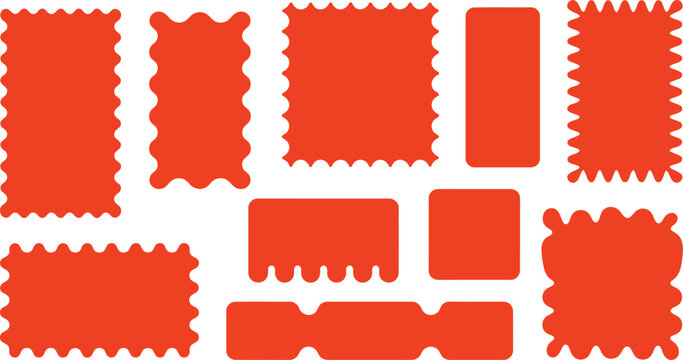 A varied set of bright orange rectangular shapes with decorative wavy edges on a plain white surface