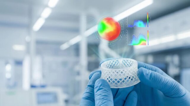 3d printed medical device held by gloved hand in laboratory with futuristic holographic data overlay showcasing innovation research healthcare science