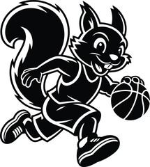 Animated squirrel character bounces a basketball showing enthusiasm and athletic spirit in black and white