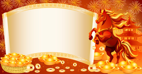 Chinese New Year horizontal vector illustration with fire horse, golden yuanbao and coins, Chinese pagoda, fireworks and empty space for text