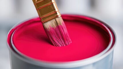 A close-up of a paintbrush dipped in vibrant pink paint, creating a striking visual in a metal paint can.