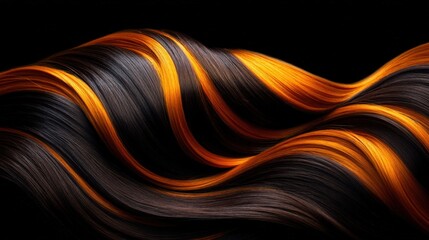 A close-up view of flowing hair featuring striking black and orange tones, creating a wave-like pattern against a dark background.