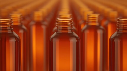 A close-up view of a series of amber-colored bottles arranged in a meticulous line, showcasing their uniformity and design.
