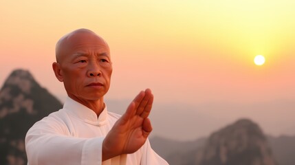 A serene elderly man practices martial arts at sunset, embodying calmness and discipline against a stunning mountainous backdrop.