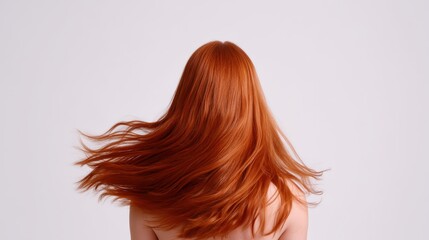 A woman with flowing red hair is captured from behind against a minimalist background, showcasing vibrant color and movement.