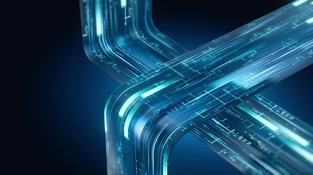 3D render Dynamic digital data stream background. Glowing blue lines, circuit board elements, abstract tech pattern. Represents internet, network, communication, big data. Ideal for technology