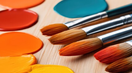 Close-up of paintbrushes arranged beside vibrant paint blobs on a wooden surface, showcasing a colorful and artistic setup for painting.