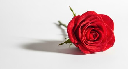 Elegant red rose with dew drops on white background for valentine's day inspiration