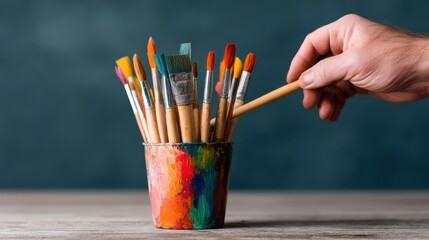 A hand selects a paintbrush from a colorful pot filled with various brushes, set against a blurred blue background, illustrating artistic creativity.