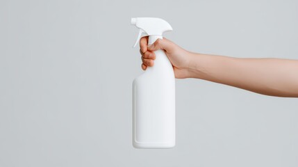 A hand holds a white spray bottle against a neutral background, suggesting cleaning or product use.