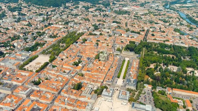 Nancy, France. Stanislav Square. Nancy City Hall. Summer, Sunny day. Drone footage, Departure of the camera