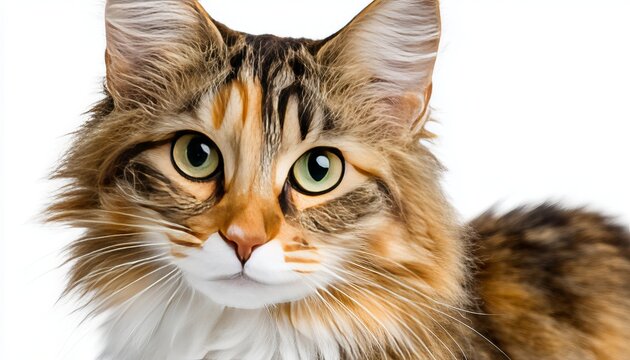 Charming Sweet Ragamuffin Cat Portrait with Captivating Eyes and Soft Fur against White Background