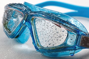 Close Up of Blue Swimming Goggles Covered in Water Droplets Against a White Background
