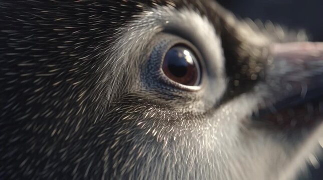 Close-up of a penguin's eye with detailed feathers and beak