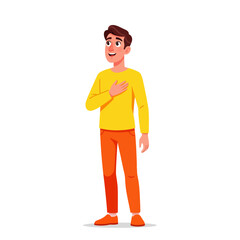 Fototapeta premium Smiling cartoon man standing with hand on chest