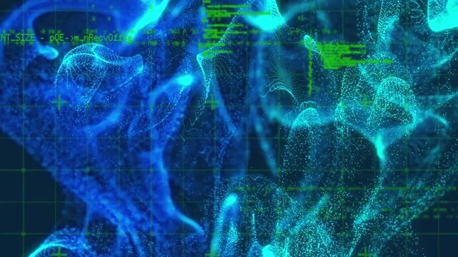 Animation of grid pattern, computer language over illuminated abstract pattern on black background