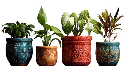 Obraz premium Decorative indoor houseplants in colorful carved ceramic pots with lush green foliage isolated on white background